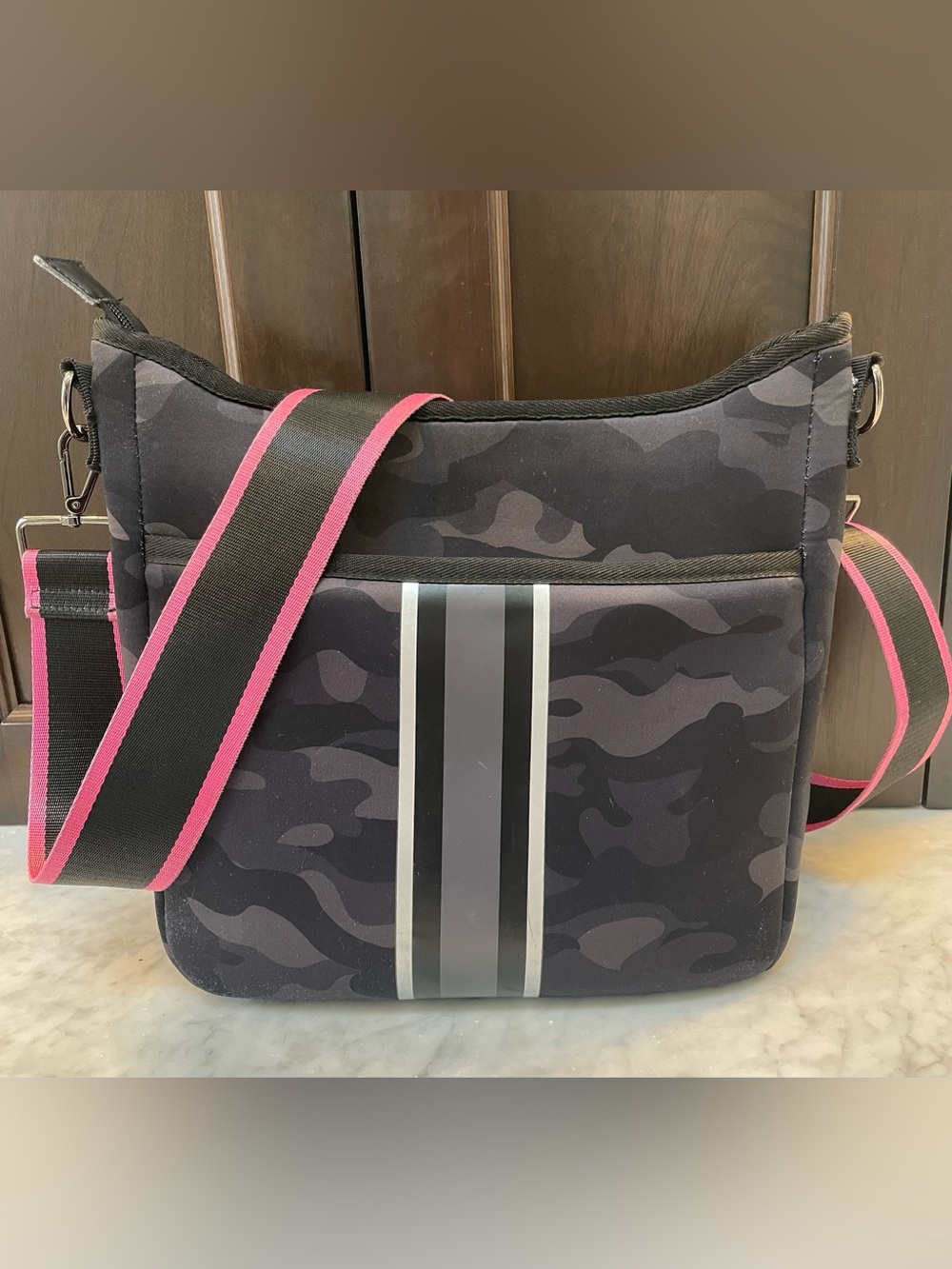 HAUTE SHORE Black Camo Crossbody Bag with Pink-Trim Strap